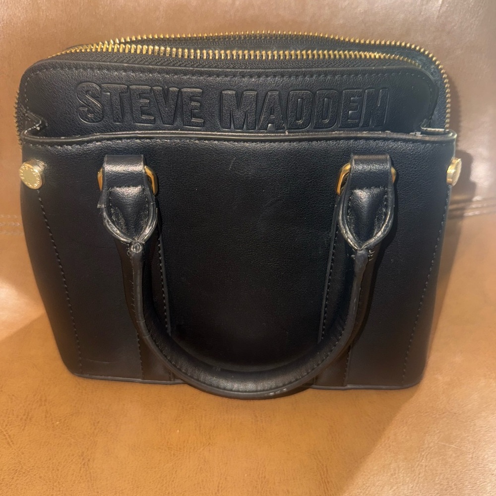 Steve Madden Black Leather Briefcase with Gold Accents